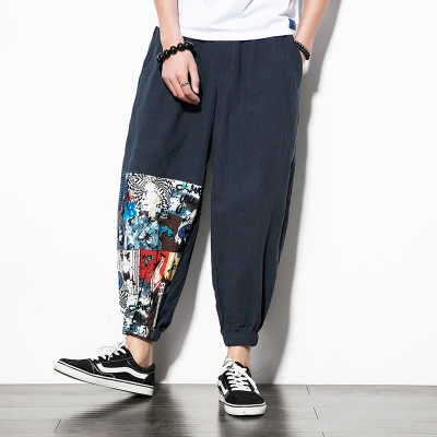 Navy Blue Китайский стиль, мужские хлопковые льняные тонкие укороченные штаны, мужские повседневные Летние уличные брюки с традиционным национальным принтом - Цвет: Navy Blue