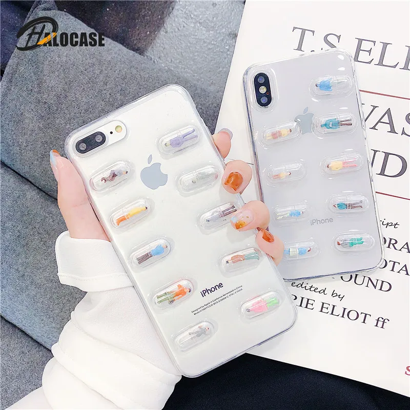

stress reliever 3D Cute Pills Capsules Person Phone Case for iPhone XR XS Max X XS 8 7 6S 6 Plus Back Cover Transparent Soft TPU