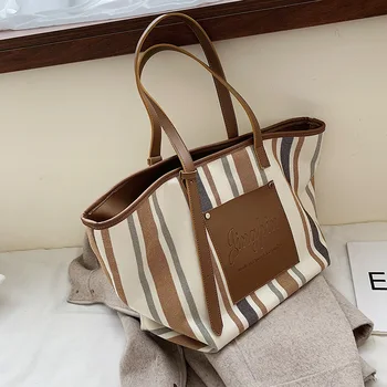 

Canvas Bag Women 2019 New Stripe One Shoulder Large Bag Tote Bag Handbag