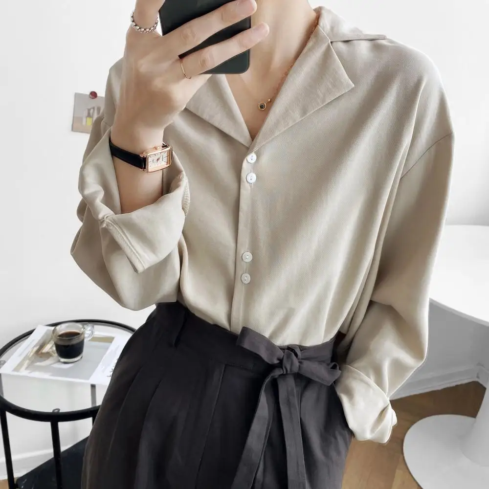 

2020 autumn Korean designer pure color suit collar long-sleeved lady shirt female chic button loose casual shirt