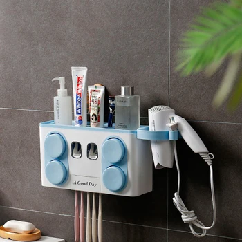 

Automatic Toothpaste Dispenser With Suction Cup Toothbrush Holder Wall Mount Stand Shelf Organizer Bathroom Hair Dryer Holder