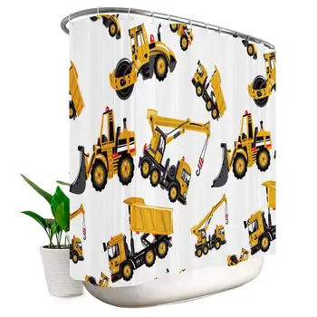 

Construction Truck Shower Curtain Inch 19 Pack Mental Hooks Excavator Cartoon Yellow Children’s Kids Machinery Bathroom Home