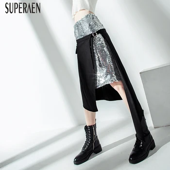 

SuperAen Europe Silver Sequin Skirts Women Summer and Spring New 2020 Ladies Skirts Wild Casual Irregular Skirts Female