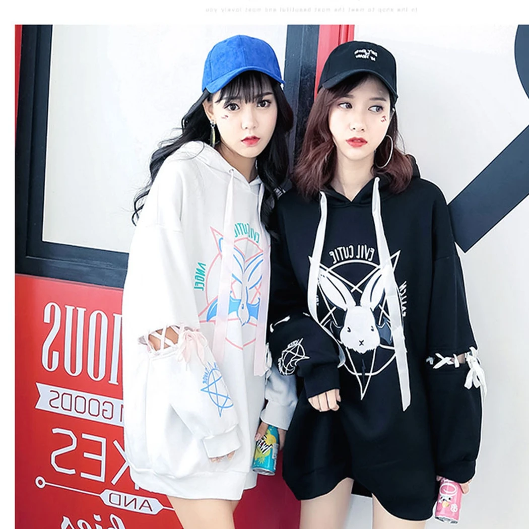 Harajuku женские милые длинные толстовки с принтом кролика милый женский свободный пуловер с капюшоном Толстовка белый кружевной пуловер с длинными рукавами Топы