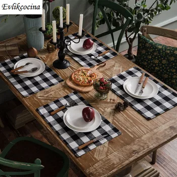 

Free Shipping Black White Big Plaid Placemat Kitchen Accessories Cotton Flax Cloth Mat Pads Dining Placemats Mantel Individual