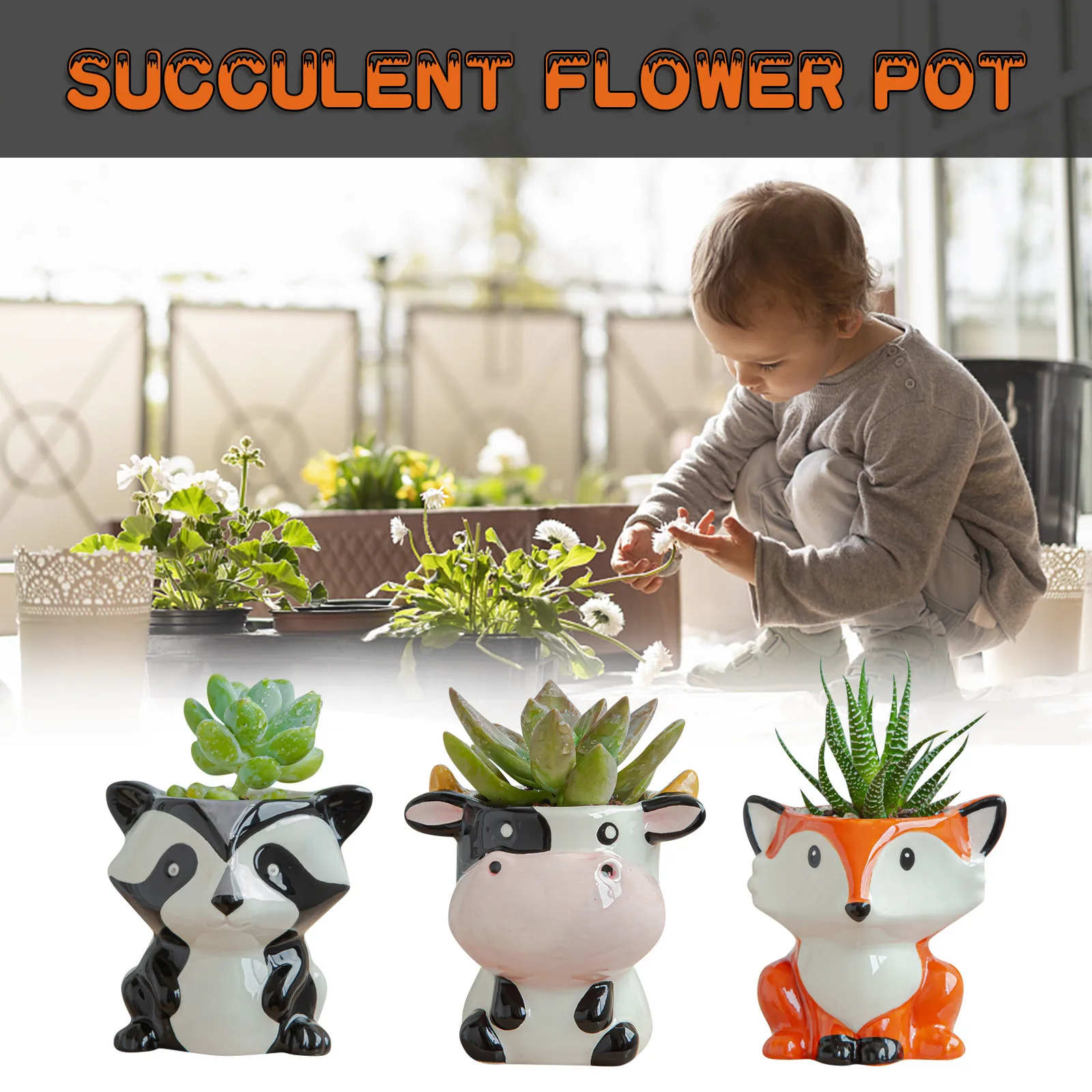 Nordic New Style Ceramic Animal Flower Pot Cartoon Zebra Sheep Cow Head Mini Pot Succulents