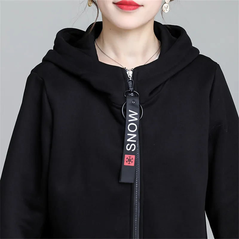 Большой размер 4XL-8XL, длинный хлопковый свитер, весна-осень, черные толстовки с капюшоном, повседневный Топ, женские толстовки на молнии с ворсом, плюс размер, G824