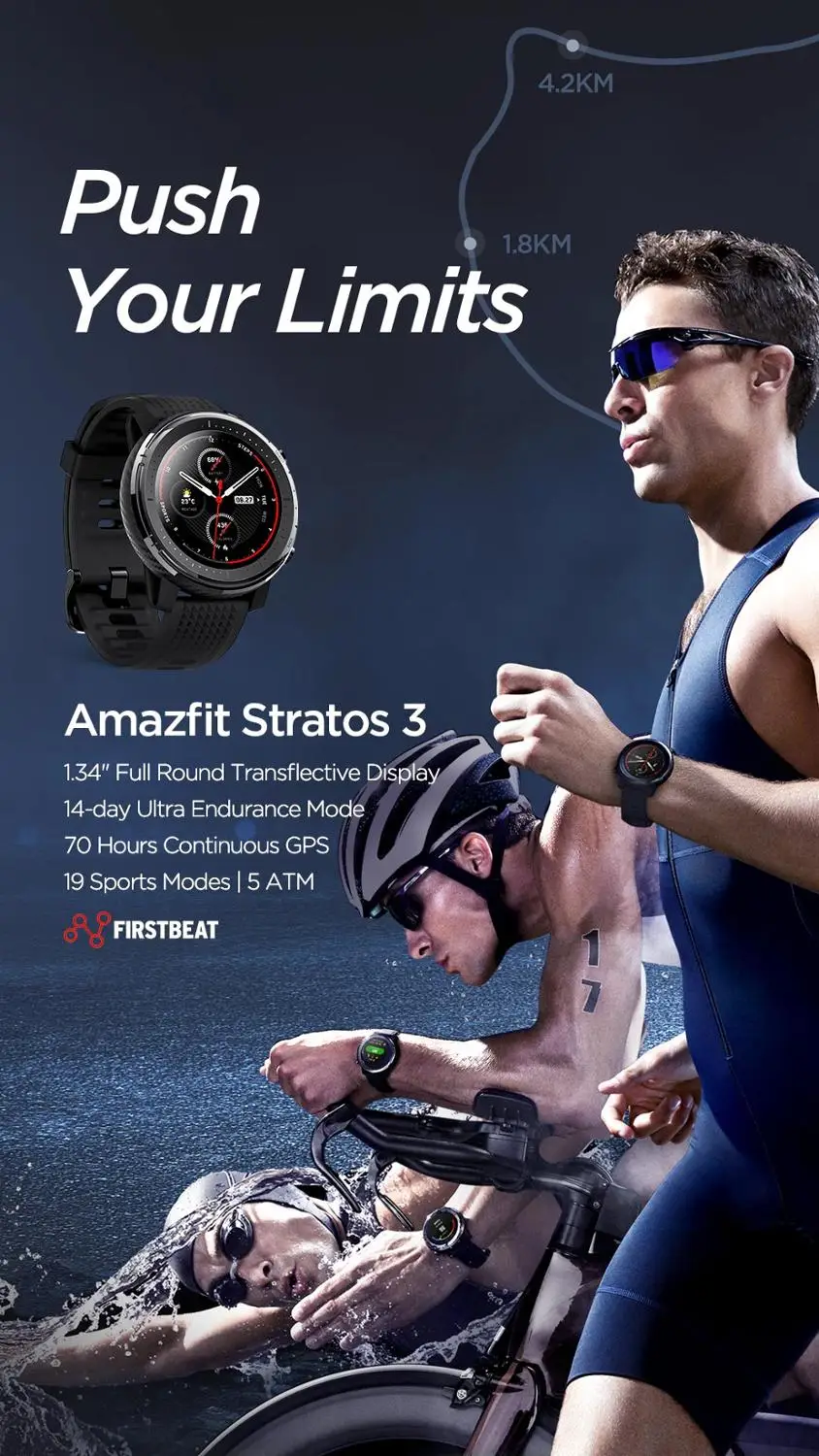 Глобальная версия Amazfit Stratos 3, gps, умные часы, 5 АТМ, Bluetooth, музыкальный пульсометр, двойной режим, 14 дней, аккумулятор, 1,34 дюйма, для IOS и Android