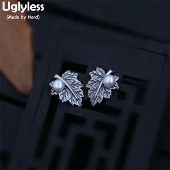 

Uglyless Real S925 Thai Sterling Silver Handmade Maple Leaf Studs for Women Elegant Natural Pearls Stud Earrings Brincos Jewelry