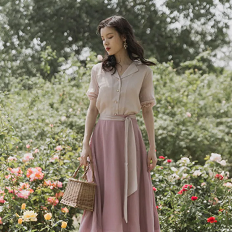 

2020 New Summer New Retro Shirt + Pink Overskirt Two-Piece Skirt Suit Comfortable and Versatile Holiday Suit