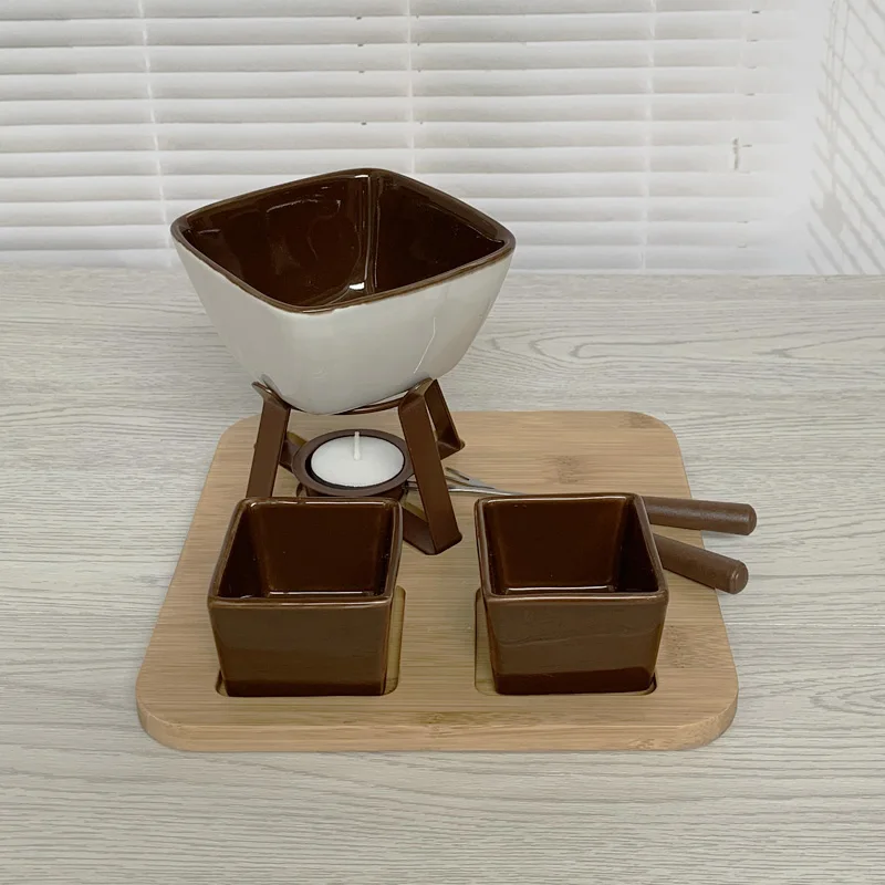 Fondue Pot Set, Glazed Ceramic Fondue Set for Chocolate or Cheese &ndash; Perfect Gift Idea for Housewarming or Birthday