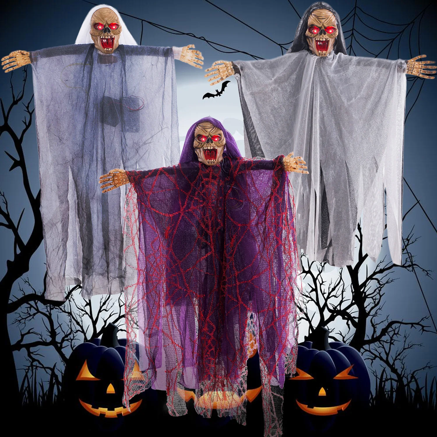 

Behogar Voice Control Horror Scary Creepy Hanging Skull Skeleton Decoration Ornaments for Halloween Haunted House Theme Party