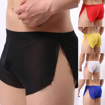 

Solid Color Men Ultra-thin Translucent Low Waist Split Boxers Shorts Underwear Breathable Solid Elastic Sexy Underpants