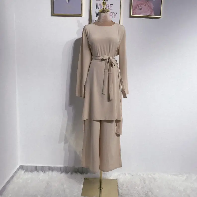 apricot set Абайя Дубай мусульманский хиджаб платье кафтан арабы Mujer кафтан турецкая исламская одежда для женщин ансамбль Femme Musulmane 2 шт - Color: apricot set