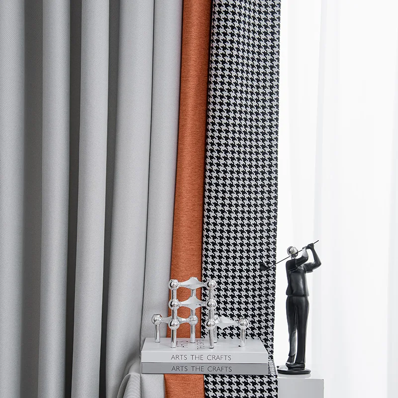 Houndstooth Curtains for Living Dining Room Bedroom Beige Orange Stitching Modern Minimalist Light Luxury Nordic | Дом и сад