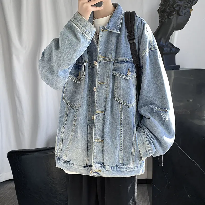 

Куртка мужская джинсовая в стиле ретро, хлопок, Повседневная синяя, модная уличная одежда свободного покроя, бомбер в стиле хип-хоп, осень