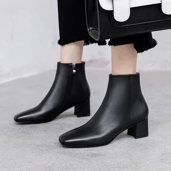 

2020 New Winter Autumn Women Boots Platforms Square Heel Ankle Boots Genuine Leather Motorcycle Lady Ladies Shoes