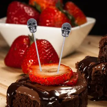 

2pcs 304 Stainless Steel Cocktail Sticks Skull Head Fruit Forks Cake Picks Reusable Martini Pick (Silver)