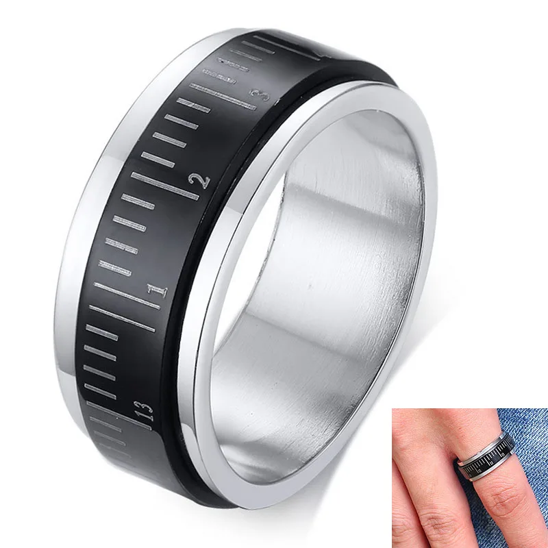 

Unique 8mm Ruler Spinning Mens Ring Black Stainless Steel Double Layers Male Cocktail Ring Jewelry Cr0022