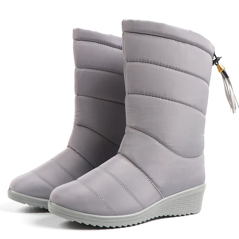 gray boots Зимние сапоги; женские водонепроницаемые сапоги до середины икры; женские зимние сапоги на резиновой танкетке; Botas; меховые теплые черные сапоги; botas mujer invierno; - Цвет: gray boots