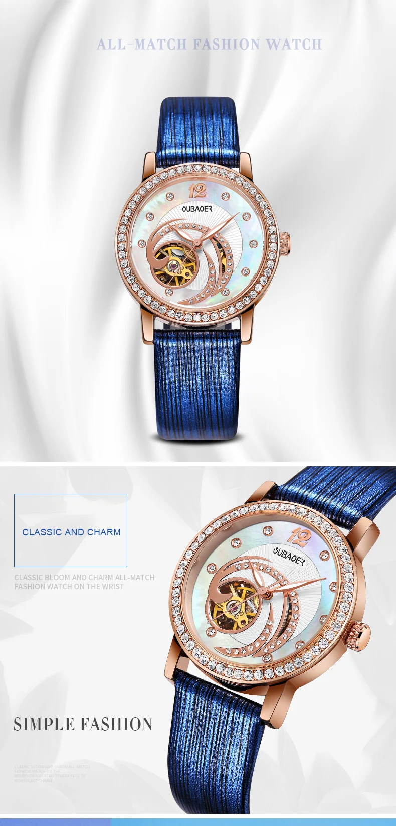OUBAOER Women Bracelet Watches Ladies Mechanical Automatic Wristwatches Leather Strap Diamond Dial Luxury Fashion Female Watch