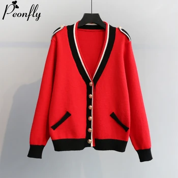 

PEONFLY Red Sweater Women New 2020 Spring Long Sleeve Cardigan Single Breasted Outerwear Korean Style Knitwear Coat Femme