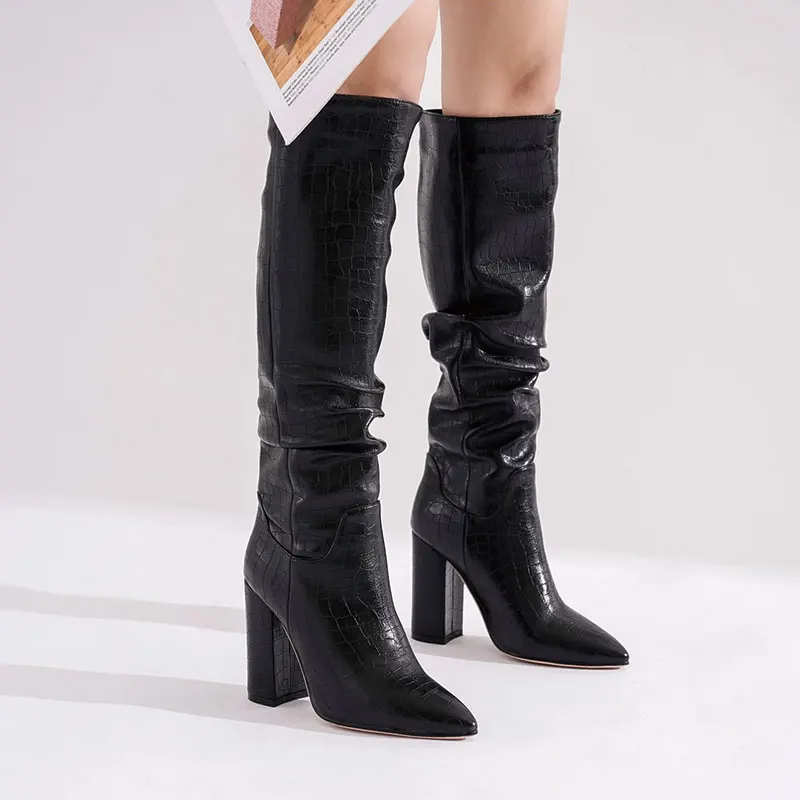 

Lloprost ke Winter Women Knee High Boots Black PU Cowbody Pointed Toe Square Block Heels Casual Party Lady Long Wester Boots
