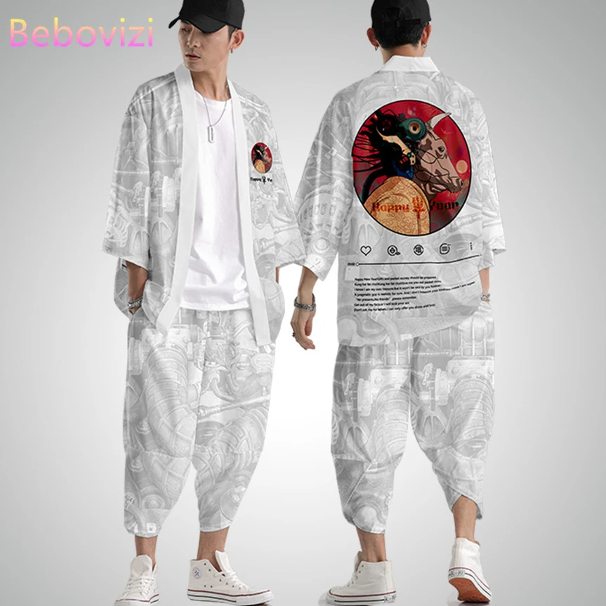 Japanese Cardigan Kimono Men Women Fashion Personality Pants Sets Haori Obi Asian national style Clothes Suit men beach | Тематическая