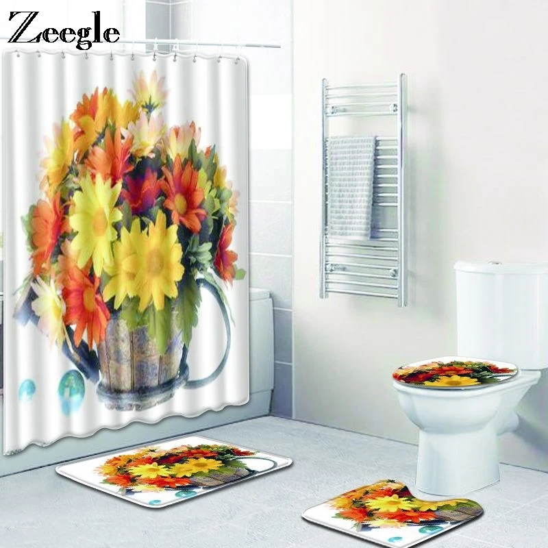 Zeegle Printed Bath Mat Set Shower Curtain Toilet Pedestal Rug Lid Toilet Cover Waterproof Bath Curtain with Hooks Toilet Set