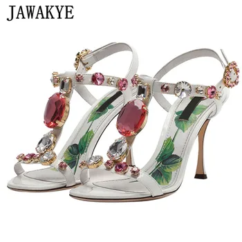 

Floral Printed Rhinestone T Strap Party Shoes Women High Heels Open Toe Crystal Diamond Gladiator Sandals Zapatos De Mujer 34-43