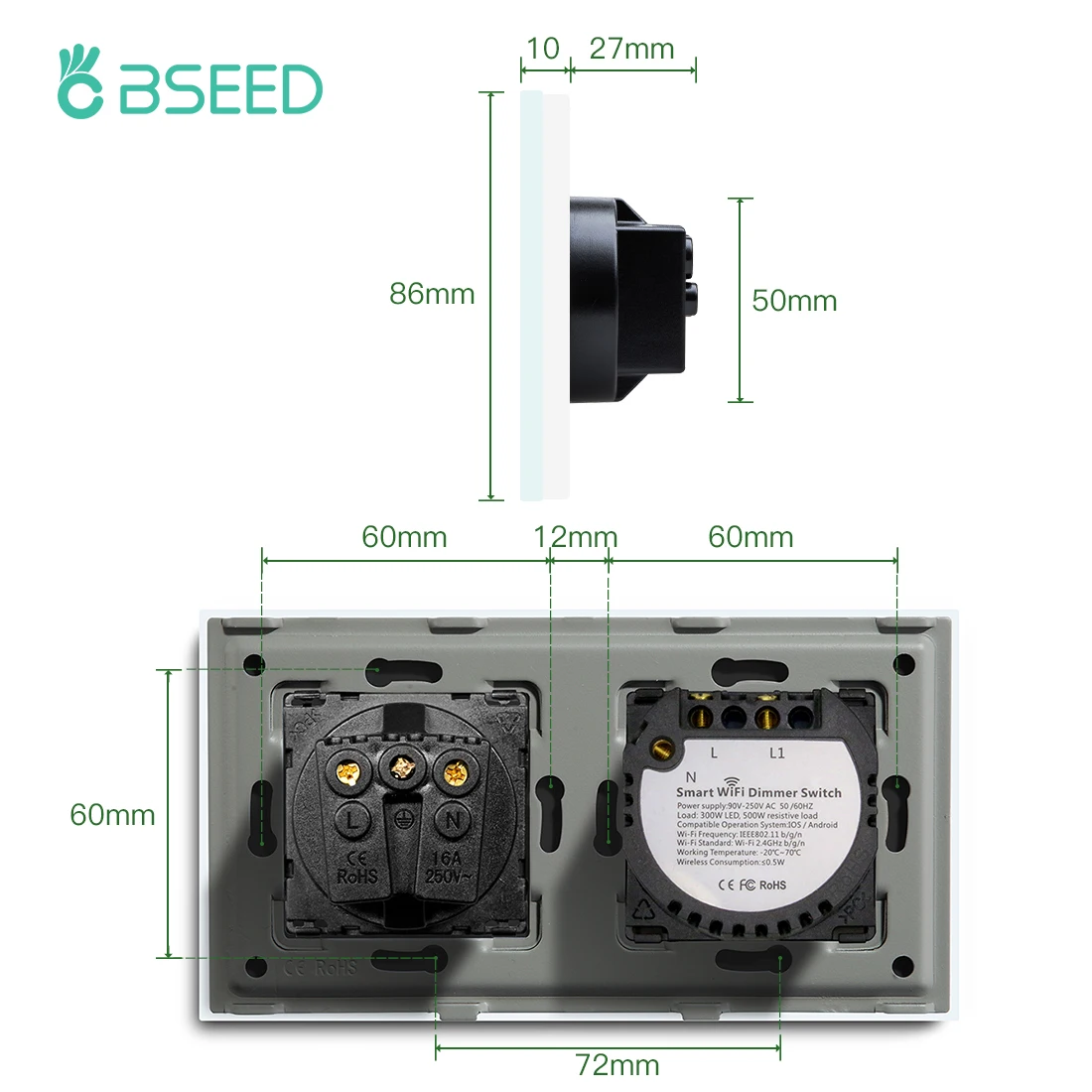 BSEED Wifi 조광기 터치 스위치 센서 스위치 벽 스위치 Wifi 16A 없는 EU 전원 소켓으로 스마트 라이프 Tuya App 제어