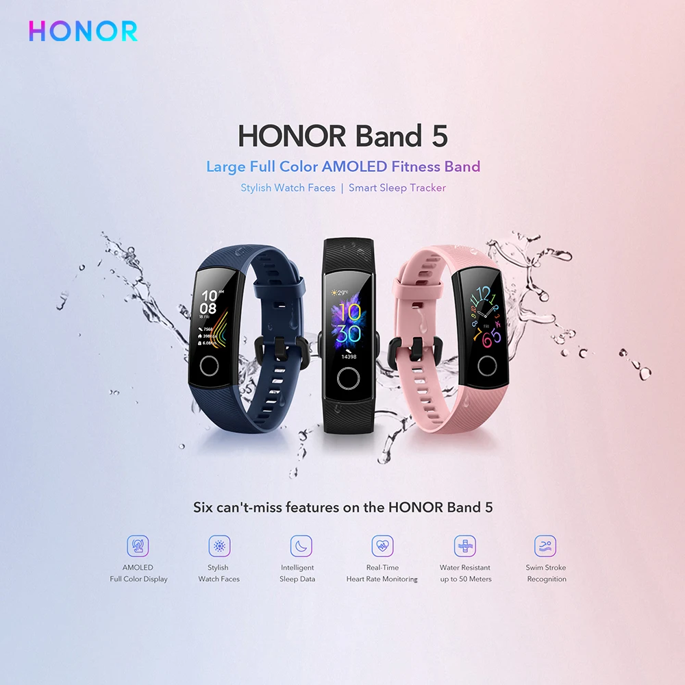 Huawei Honor Band 5 Смарт-браслет 0,9" 240*120 пикселей большой полноцветный AMOLED дисплей фитнес Смарт-браслет персонализированные часы