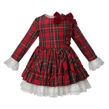 

Baby Children Toddler Boutique Clothes Autumn Long Sleeve Red Plaid England Vintage Spanish Ball Gown Dress Girl Party Christmas