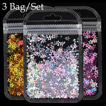 

3 Colors/set Holo Nail Art Glitter Silver Gold Pink Micro Hollow Star Shape Flakes Laser Mixed Size Acrylic DIY Nail Decorations