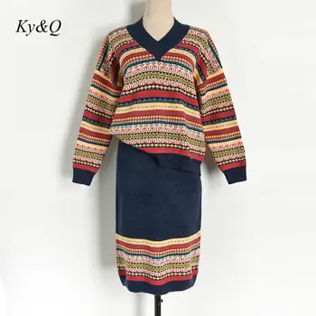 

2019 Women Winter Vintage National Wind Jacquard V-neck Knit Sweater Brand Designer Christmas Luxury Two Piece Pullover Jumper