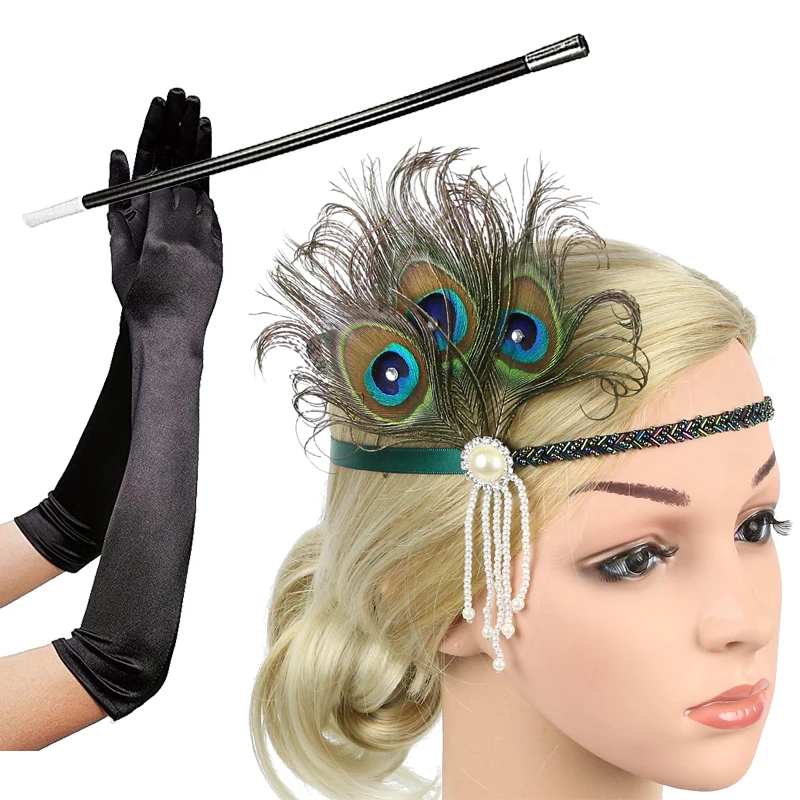 1920s Flapper Accessories Feather Headband Gloves Cigarette Holder 3 Pack Great Gatsby Party Costume Accessories Set for Women plus size cosplay Cosplay Costumes