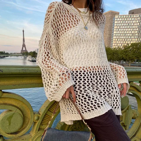 Fairycore Grunge Smock Knit Sweater Women Hollow Out Crochet Vintage Pullover Fishnet Bathing Suit Cover Ups Swimwear