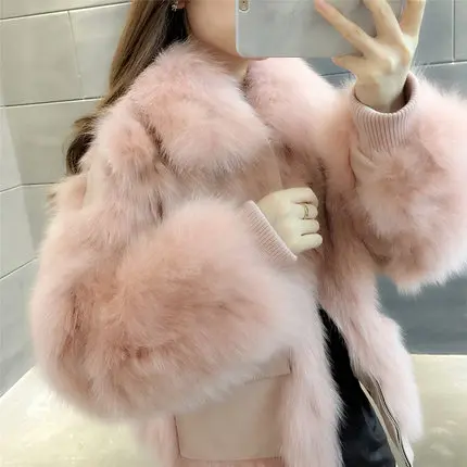 pink Короткие женские парки, утолщенная теплая шуба из натурального меха лисы, женские зимние модные куртки, свободные одноцветные женские шубы - Цвет: pink