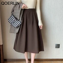 

QOERLIN XL Retro Pocket Woolen Skirt Girl Mid-length Autumn Winter A-Line Elastic Waist Skirt High Waist Pleated Elegant Skirts