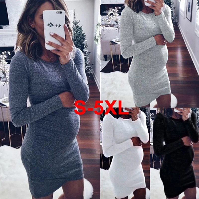 

New Solid Color Round Neck Long Sleeve Maternity Dress High Quality Cotton Frame Round Neck One-piece