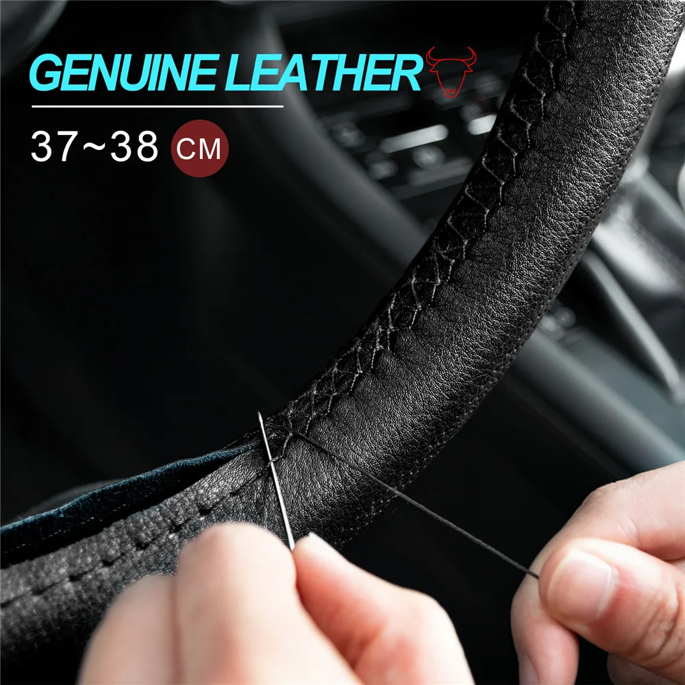

14.5" to 15" Genuine Leather DIY Steering Wheel Cover Soft Hand Sewing Punched With Needles Thread Car Interior Accessories