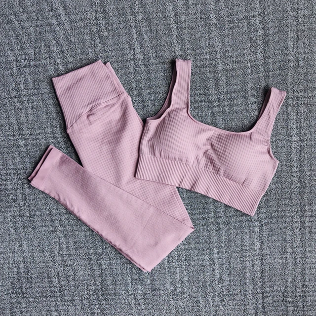 Women's Sportswear Yoga Set Workout Clothes Athletic Wear Sports Gym Legging Seamless Fitness Bra Crop Top Long Sleeve Yoga Suit BraPantsPink