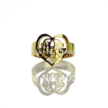 

AILIN Monogram Ring Personal 3 Cut Script Hand Initials In Heart Customized Monogrammed Gold Color Rings 0.59