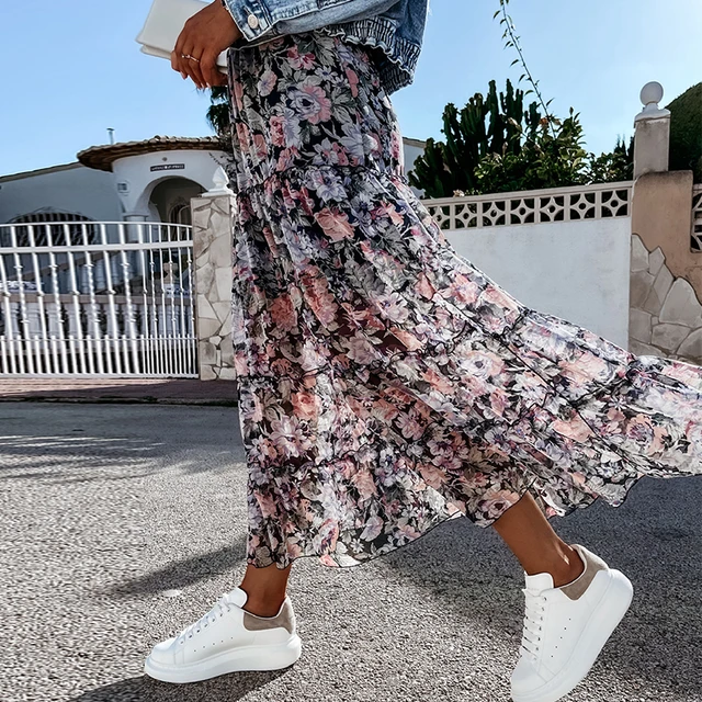 orden Mentor alfombra Falda larga de cintura alta con estampado Floral para mujer, Faldas playeras  informales de gasa, de cintura elástica, estilo bohemio, para vacaciones,  2021 - AliExpress