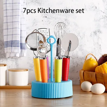 

YosHouse 7pcs/set Stainless Steel Kitchen Utensil Easy Clean Tools Kit Manual Household Multifunctional Accessories with Base