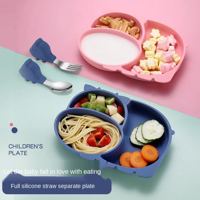 

Baby's Silicone Plate Set Kids Anti Falling Antiskid Plate Children Grid Eating Training Fork Spoon Suction Plates for Babies