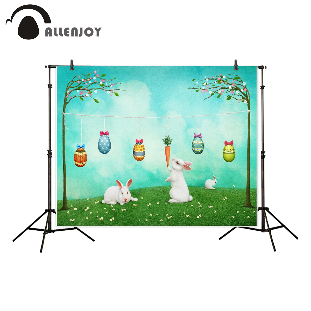 

Allenjoy Easter backdrop spring grass colorful eggs rabbit cartoon fairy tale child newborn baby background photocall photobooth