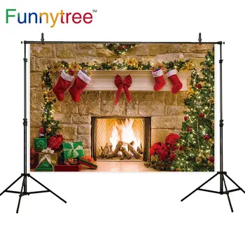 

Funnytree photo studio Christmas tree fireplace gift wallpaper decoration backdrop winter snow background photography photophone