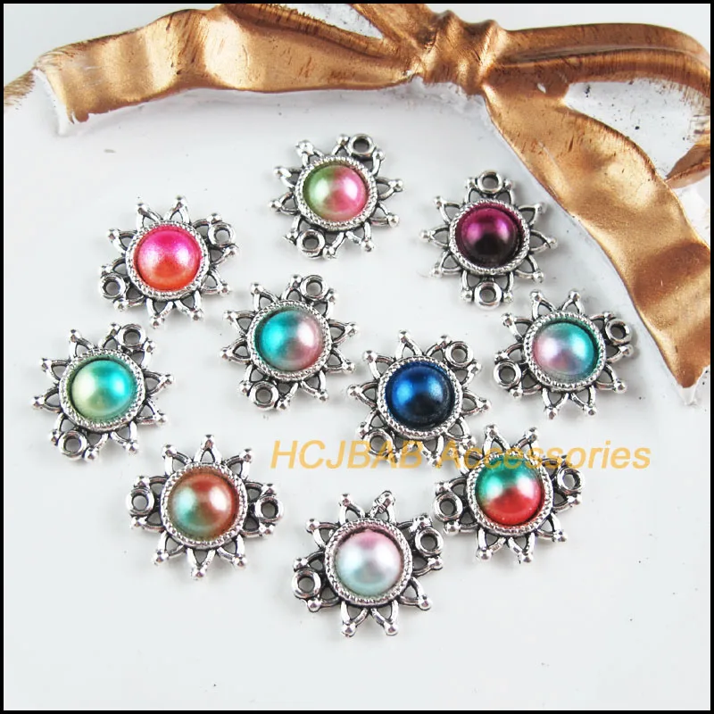 

20Pcs Tibetan Silver Tone Retro Sun Flower Mixed Colored Acrylic Charms Connectors 14x14.5mm