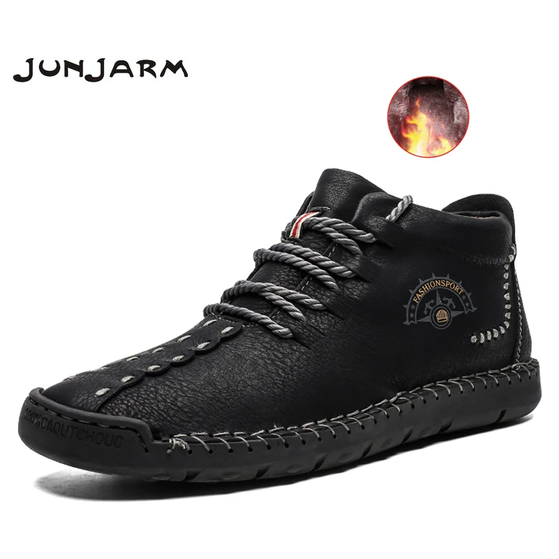 

JUNJARM Winter Snow Boots Men Warm Casual Genuine Leather Shoes Men Comfortable Flat Lace-up Shoes Male Hiking Boots Big Size 48